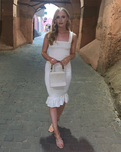 ‘Florence’ Shirred Ruffle Hem Midi Dress